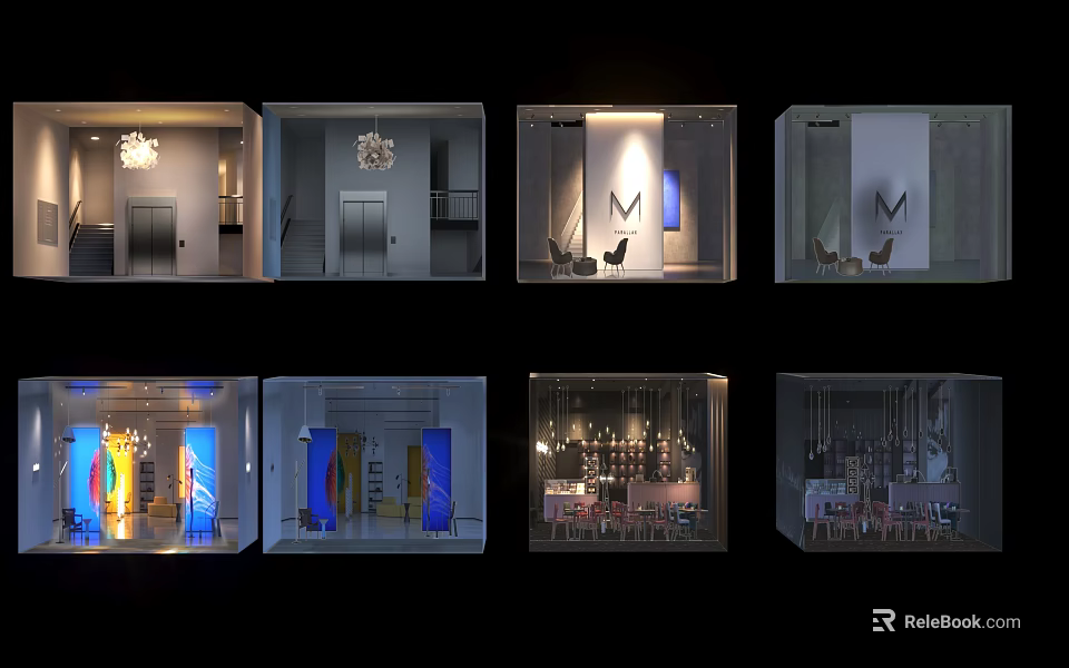 Various Modern Shop Window Display Designs With Lighting And Decor Elements 3d model