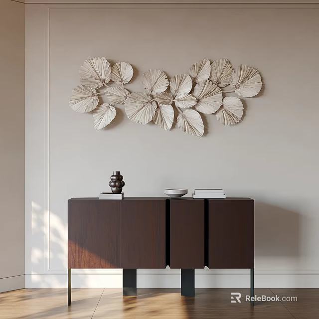 Dark Brown Entryway Console Cabinet With Decorative Item Bowl Books And White Leaf Wall Art 3d model 