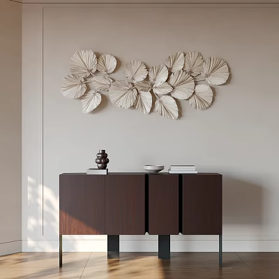 Dark Brown Entryway Console Cabinet With Decorative Item Bowl Books And White Leaf Wall Art 3d model