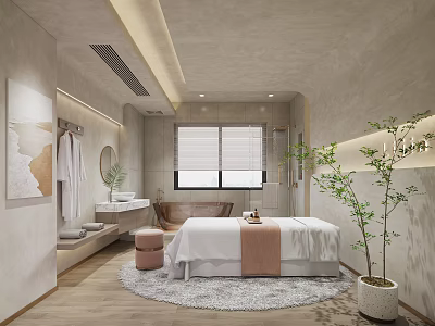 Serene SPA Room With Bed Bathtub And Greenery 3d model