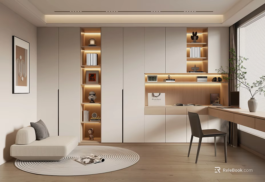 Modern Study Room Interior With Built in Bookshelves Writing Desk Cozy Sofa And Warm Lighting 3d model 