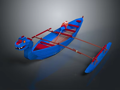 Traditional Blue Dragon Boat With Dragon Head Decoration Red Seats And Paddles 3d model