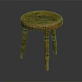 Wooden Stool With Round Seat Natural Wood Grain And Carved Legs Rustic Design