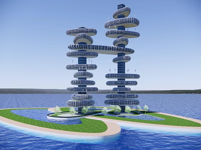 Spiral Shaped Office Building Complex Standing On Waterfront With Green Landscaping 3d model