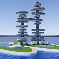 Spiral Shaped Office Building Complex Standing On Waterfront With Green Landscaping