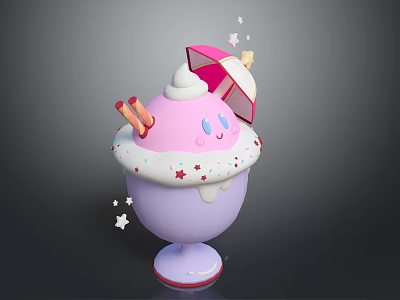 Cute Pink Ice Cream Cup With White Cream Small Umbrella Purple Base And Stars 3d model