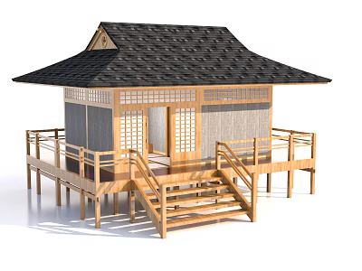 Traditional Wooden House With Black Tiled Roof Wooden Deck Railing Stairs And Lattice Windows 3d model