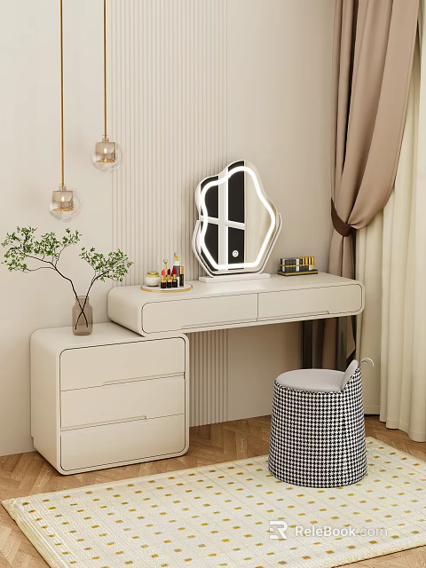 Modern Light Colored Vanity Table With Mirror Makeup Items Stool And Pendant Lights 3d model