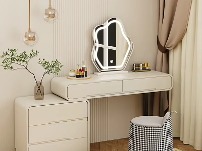Modern Light Colored Vanity Table With Mirror Makeup Items Stool And Pendant Lights 3d model