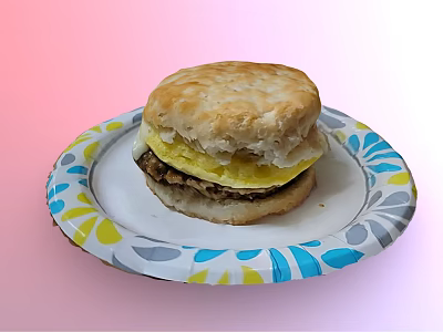 Delicious Chicken Biscuit Sandwich on Colorful Paper Plate with Egg Layer 3d model