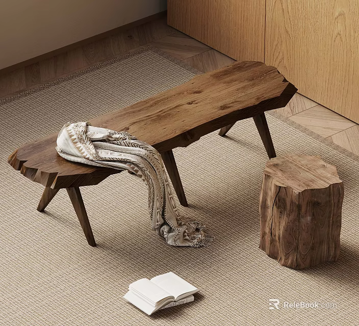 Natural Wooden Bench With Cozy Blanket And Stump Stool On Woven Rug 3d model 
