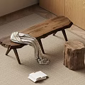 Natural Wooden Bench With Cozy Blanket And Stump Stool On Woven Rug