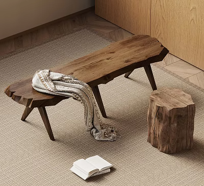 Natural Wooden Bench With Cozy Blanket And Stump Stool On Woven Rug 3d model