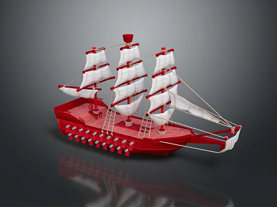 Red Sailboat Model With White Sails Multiple Masts Red Hull And Gray Background 3d model