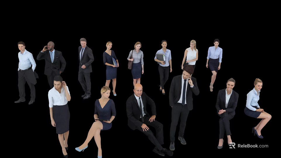 Group of Diverse Business Professionals in Formal Attire Standing and Sitting 3d model 