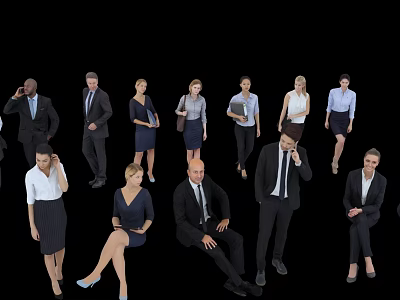 Group of Diverse Business Professionals in Formal Attire Standing and Sitting 3d model