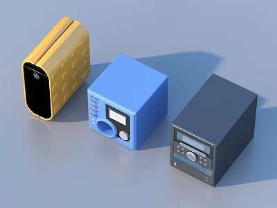 Modern Three Color Audio Speakers With Sleek Design Control Buttons And Digital Screens 3d model