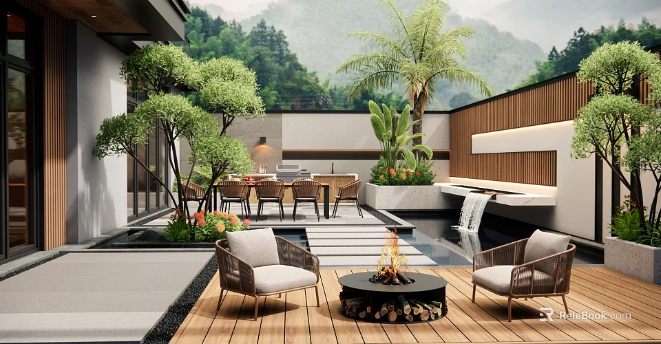 Modern Garden With Wooden Deck Fire Pit Wicker Chairs Dining Table Green Plants And Mountains 3d model 
