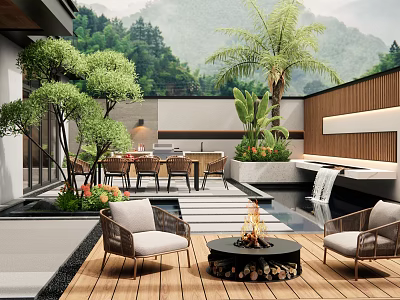 Modern Garden With Wooden Deck Fire Pit Wicker Chairs Dining Table Green Plants And Mountains 3d model