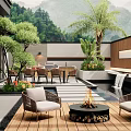 Modern Garden With Wooden Deck Fire Pit Wicker Chairs Dining Table Green Plants And Mountains