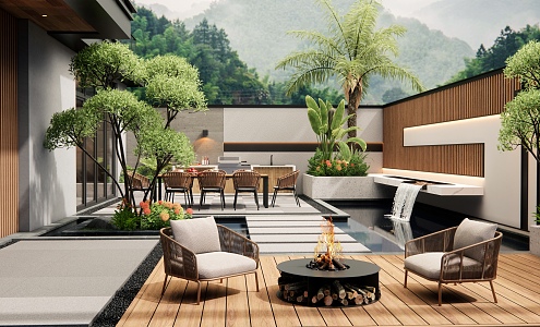 Villa courtyard landscape water landscape wall outdoor table and chair outdoor chair plant landscape flowers and plants pile 3d model