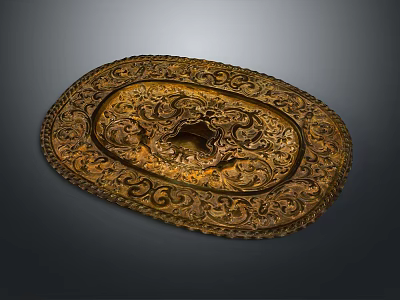 Ornate Golden Decorative Furniture Tray With Intricate Carvings And Oval Design 3d model
