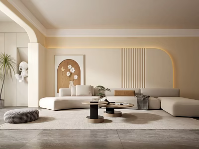 Modern Living Room With Neutral Tones Curved Sofa Artwork Plants Rug And Coffee Tables 3d model