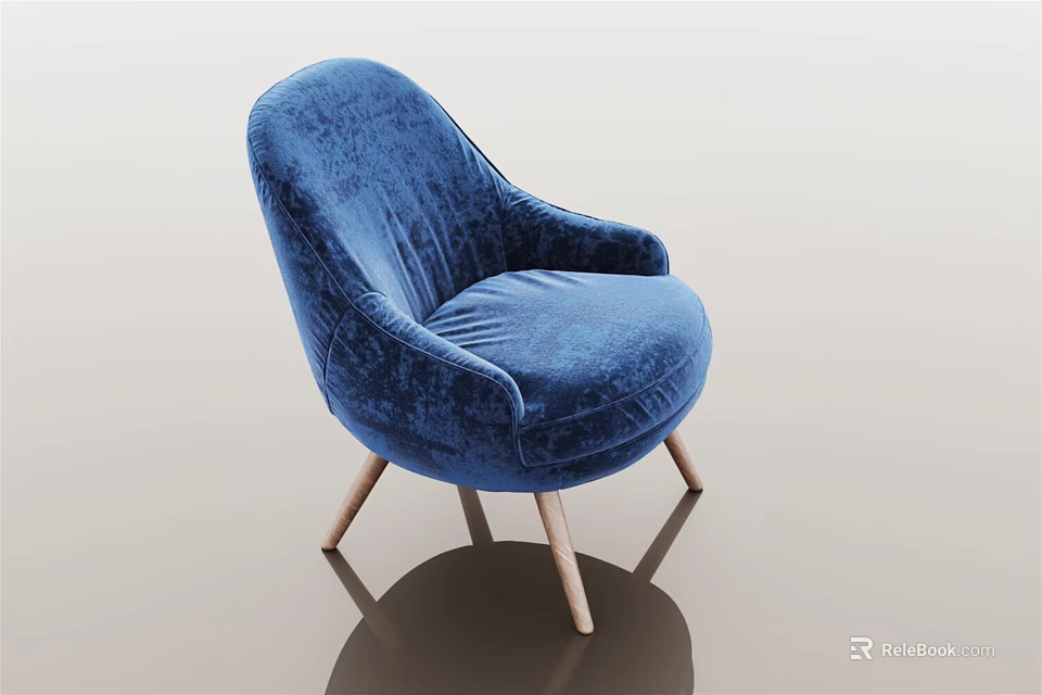 Blue Velvet Single Sofa With Curved Back Modern Design And Wooden Legs 3d model 
