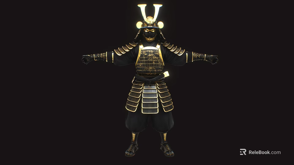Game Movie Character in Golden Black Samurai Armor with Helmet and Armored Design 3d model 