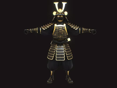 Game Movie Character in Golden Black Samurai Armor with Helmet and Armored Design 3d model