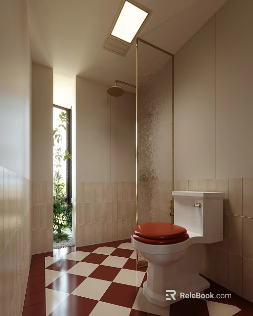 Modern Bathroom With Red Toilet Seat Gold Shower Rod Light Tiles Window And Green Plants 3d model 