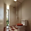 Modern Bathroom With Red Toilet Seat Gold Shower Rod Light Tiles Window And Green Plants