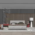 Modern Bedroom Interior With Wooden Wall Paneling Bed Floor Lamp And Rug