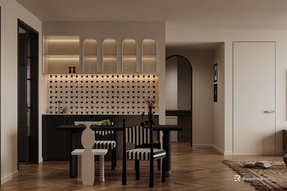 Elegant Modern Restaurant Interior With Marble Dining Table And Stylish Chairs 3d model