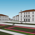 Classical Large White Building With Red Roof Multiple Windows Chimneys Front Lawn And Driveway