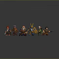 Group of Men Warriors With Axes Spears And Blue Gear Standing On Stone Floor