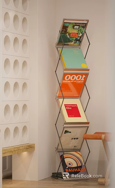 Modern Metal Frame Bookcase with Colorful Books and Circular Cutouts Wall 3d model 