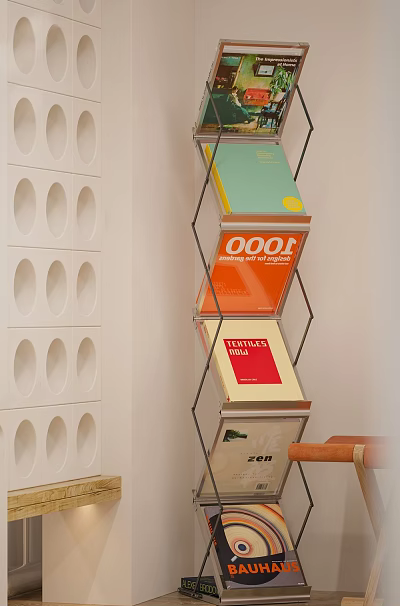 Modern Metal Frame Bookcase with Colorful Books and Circular Cutouts Wall 3d model