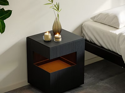 Modern Black Bedside Table With Decorative Vase Green Plant And Candles 3d model