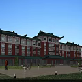 Traditional Style Office Building Red White Exterior Green Traditional Eaves Multi Story Front Plaza Area