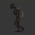 Game Movie Character Robot With Metal Armor Red Glowing Eyes And Red Emblems