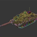 Modern Camouflaged Military Tank With Long Gun Barrel Heavy Tracks And Turrets