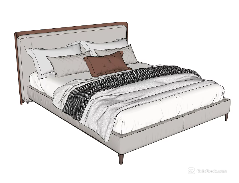 Modern Double Bed With Brown Headboard White Bedding Pillows And Striped Blanket 3d model