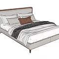 Modern Double Bed With Brown Headboard White Bedding Pillows And Striped Blanket 3d model