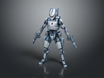 Futuristic Robot Game Character With Mechanical Design And Silver Guns 3d model