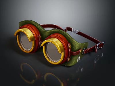 Steampunk Goggles With Green Frame Red Accents Gold Lenses And Leather Straps 3d model