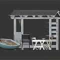Wooden Boat in Outdoor Area with Boathouse Grill Table and Chairs Surfboard Rack