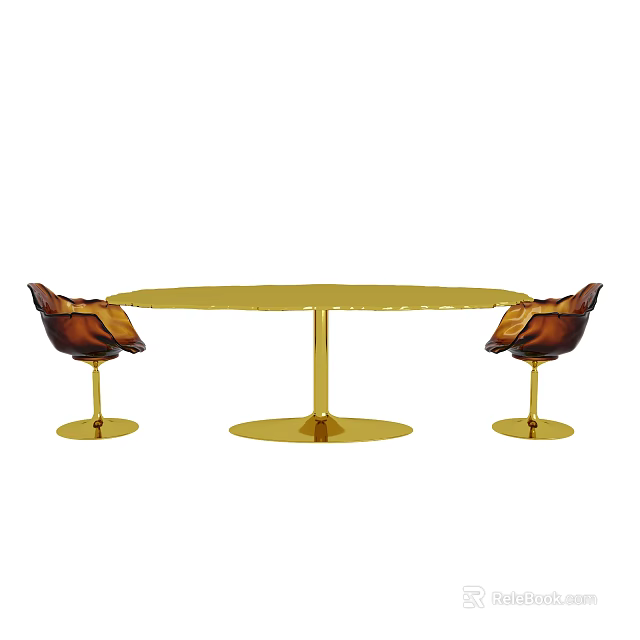 Elegant Modern Gold Round Dining Table Set With Brown Sculpted Back Design Chairs 3d model
