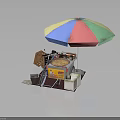Colorful Umbrella Covered Bicycle Food Stall With Wooden Crates And Trash Bin