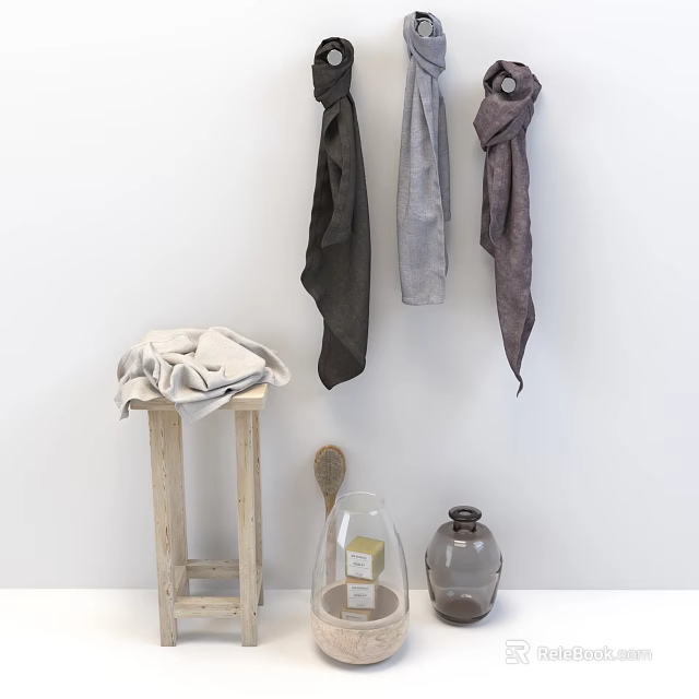 Minimalist Bathroom Accessories With Folded And Hanging Towels Wooden Stool Glass Bottle And Ceramic Jar 3d model 